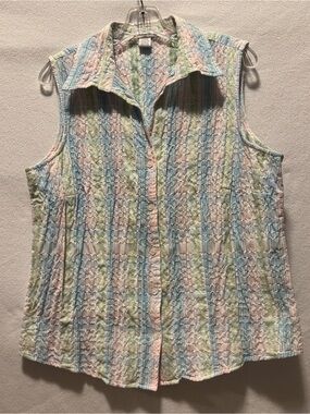 Dressbarn Sleeveless Blouse Top 18W/20W Button Down Y2K Crinkled Pastel  Coastal